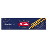 The Barilla - Linguine Pasta n.13 - 500g box features a classic blue and gold design, highlighting three strands of premium durum wheat pasta that cook in just 10 minutes, making it perfect for any sauce or dish.